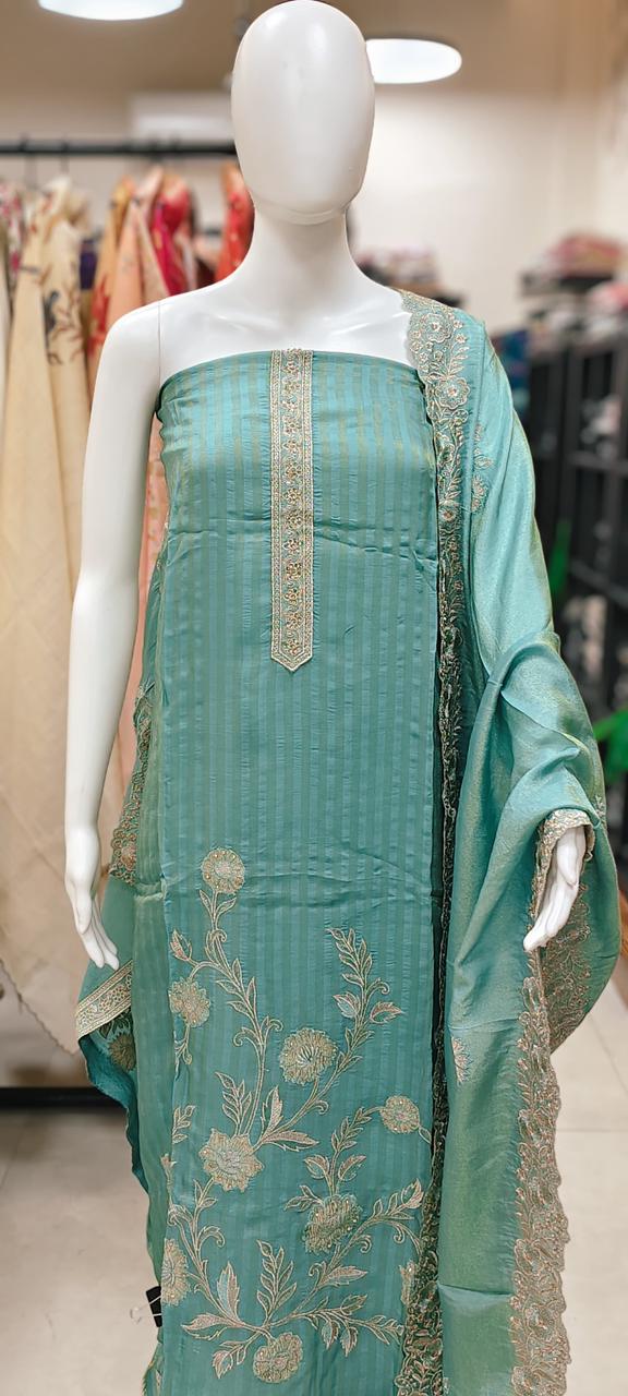 Striped Silk Unstitched Suit with Heavy Floral Embroidery Reyshaa