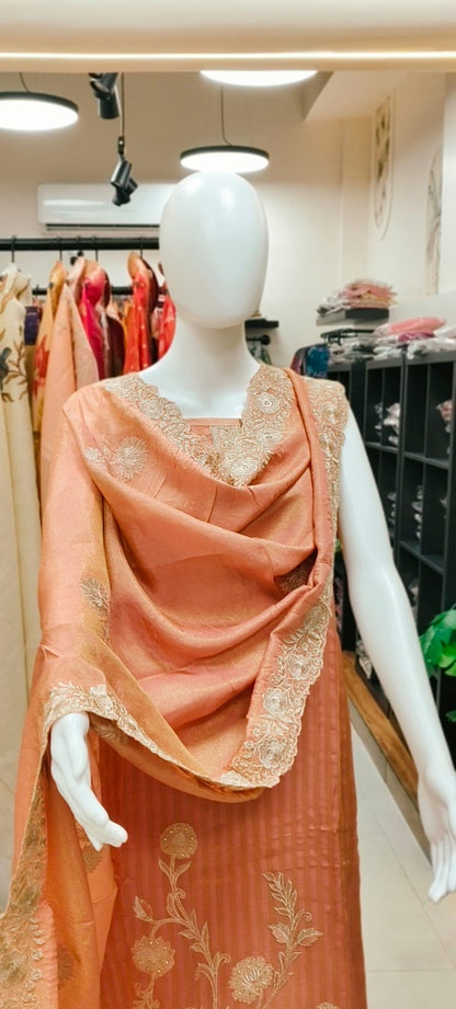 Striped Silk Unstitched Suit with Heavy Floral Embroidery Reyshaa