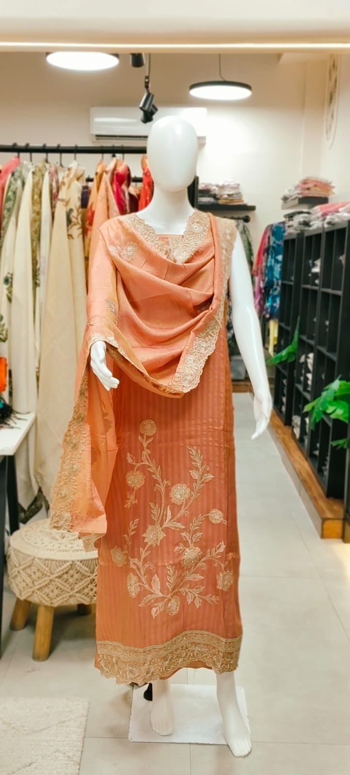 Striped Silk Unstitched Suit with Heavy Floral Embroidery Reyshaa