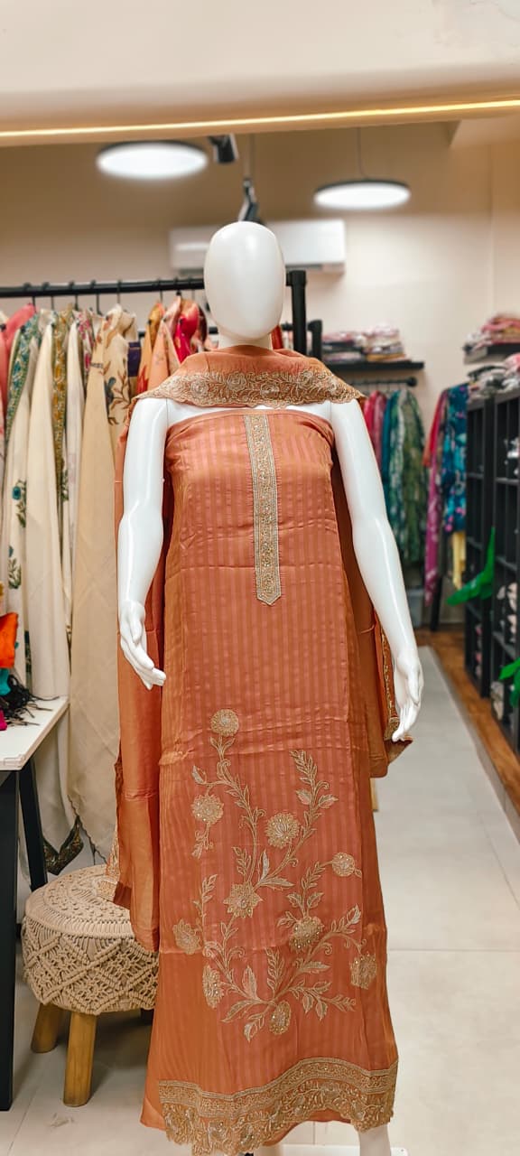Striped Silk Unstitched Suit with Heavy Floral Embroidery Reyshaa