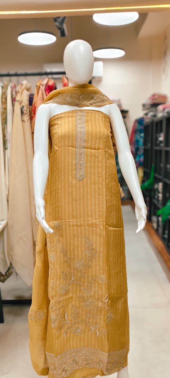 Striped Silk Unstitched Suit with Heavy Floral Embroidery Reyshaa