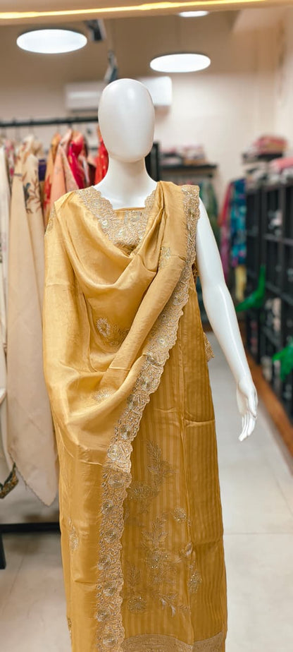 Striped Silk Unstitched Suit with Heavy Floral Embroidery Reyshaa