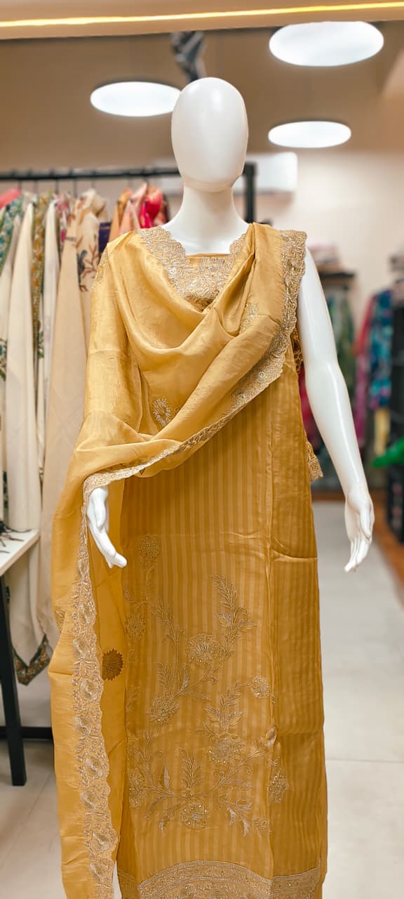 Striped Silk Unstitched Suit with Heavy Floral Embroidery Reyshaa