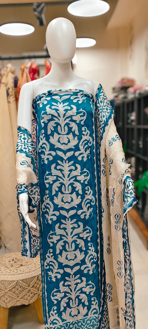 Designer Organza Pearl Work Dress material tassels Reyshaa