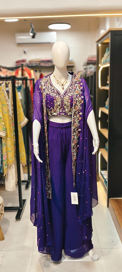 Chinon sharara hand Embroidered bustier blouse and flowy hand Embroidered cape Indo Western Reyshaa