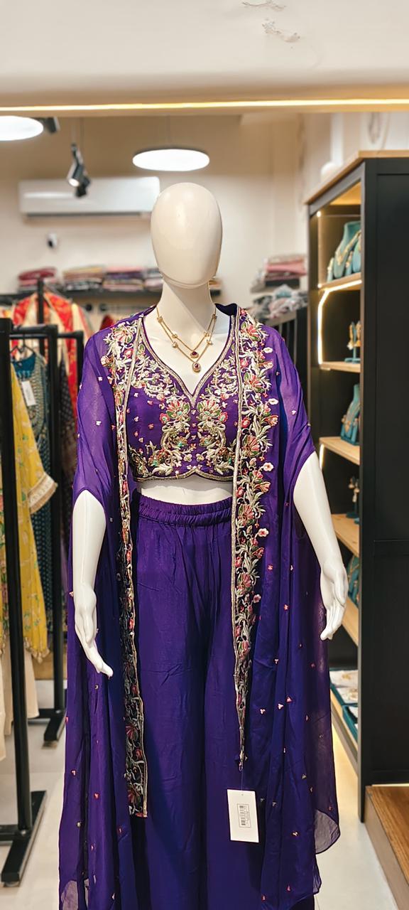 Chinon sharara hand Embroidered bustier blouse and flowy hand Embroidered cape Indo Western Reyshaa