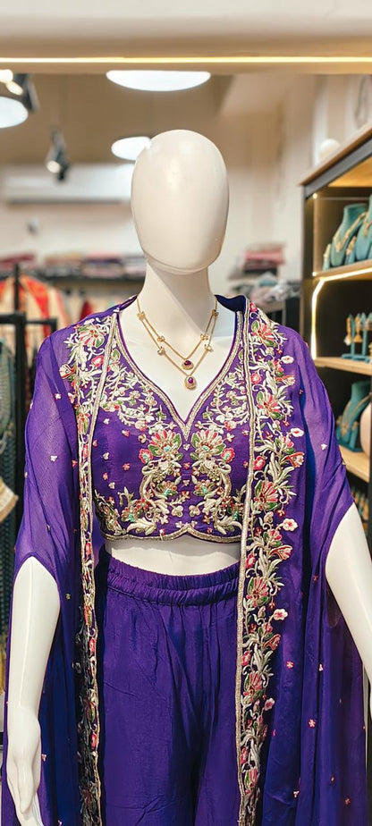 Chinon sharara hand Embroidered bustier blouse and flowy hand Embroidered cape Indo Western Reyshaa