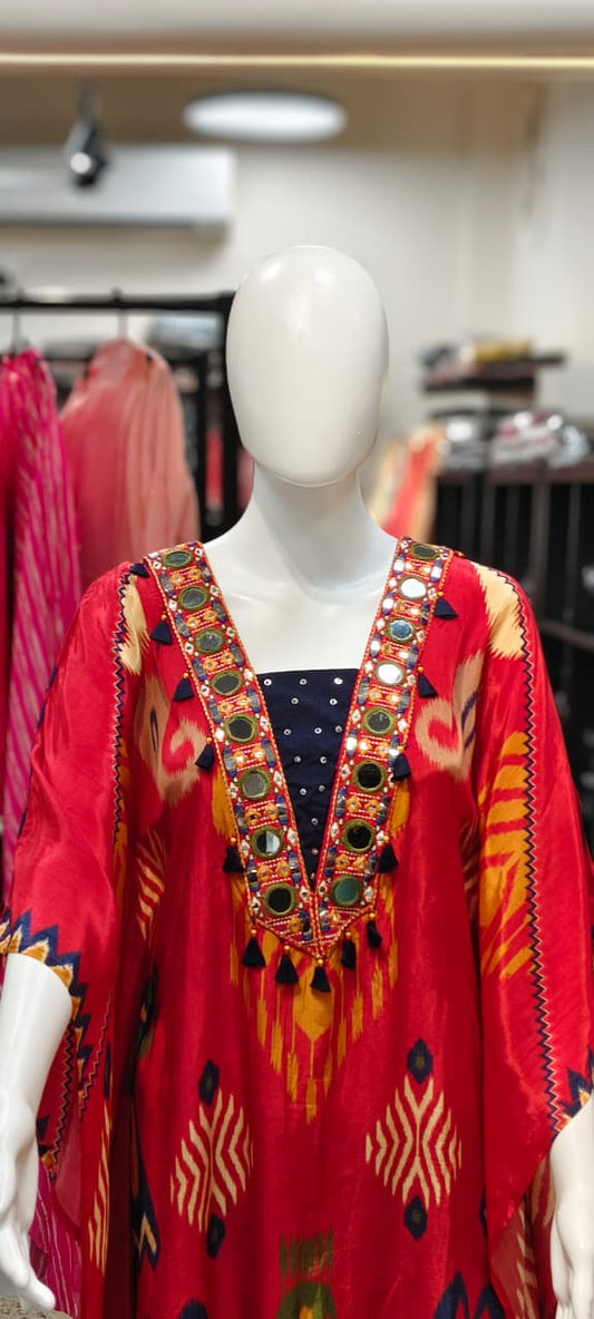 Patola print muslin kaftan set with mirror and tassels embroidery Reyshaa