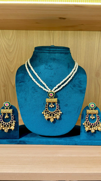 Temple Jewellery Style Pendant Set with Double Layer Pearl Mala & Stud Earrings Reyshaa