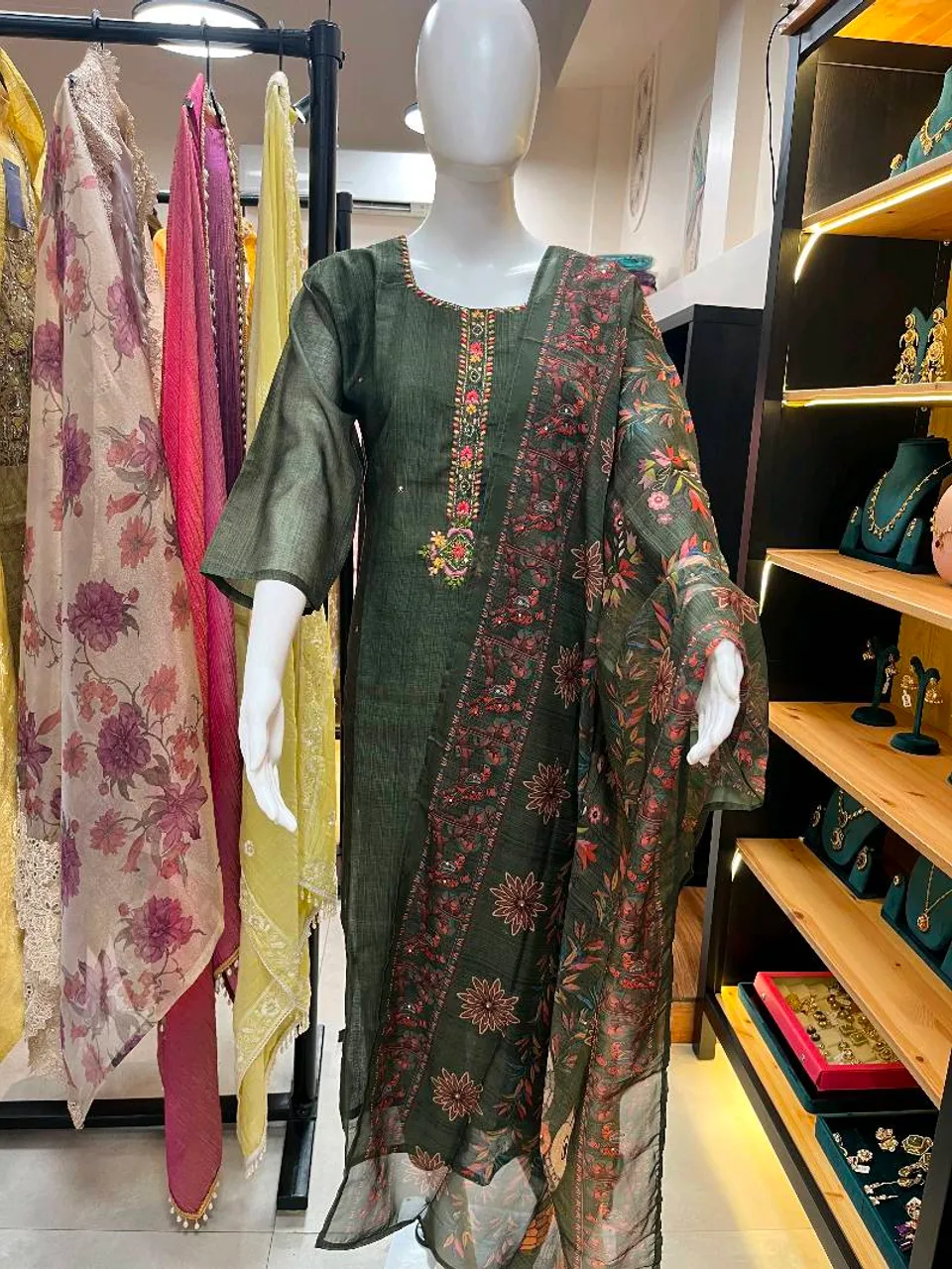 Dark Green Embroidered and Printed Straight Suit (R0023)