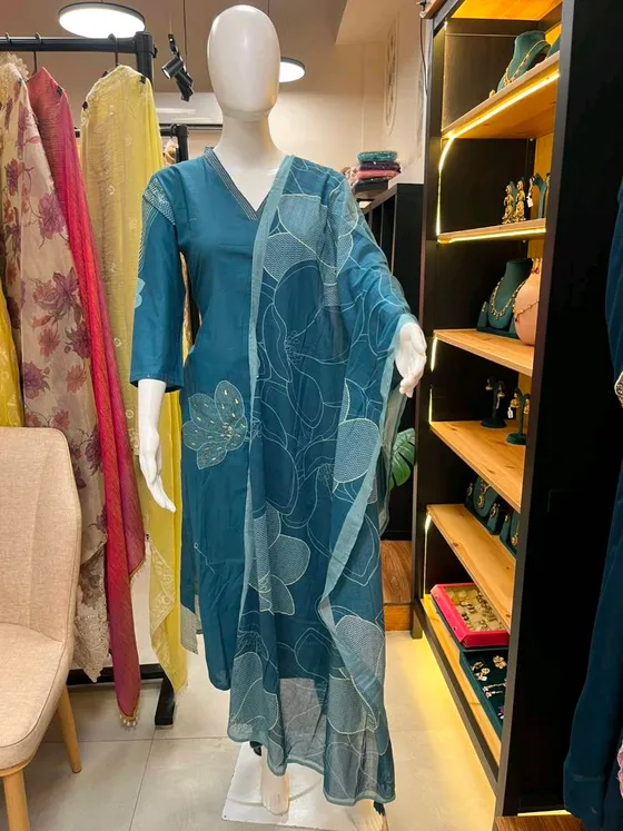 Teal Embroidered and Printed Straight Suit (R085)