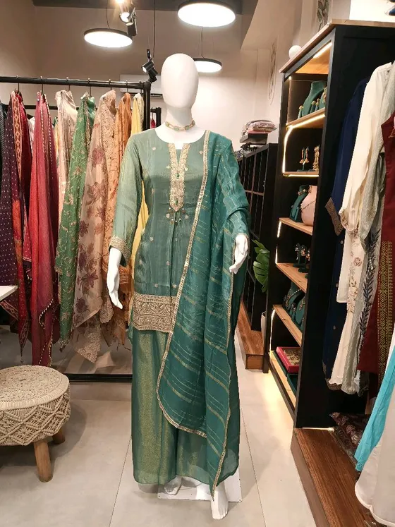Teal Green Embroidered Palazzo Suit (R224)