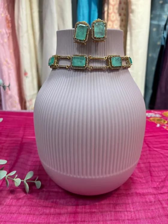 Green Stone Zircon Earrings and Bracelet Set