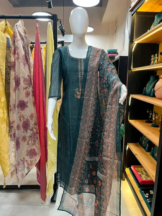 Dark Green Embroidered and Printed Straight Suit (R0022)