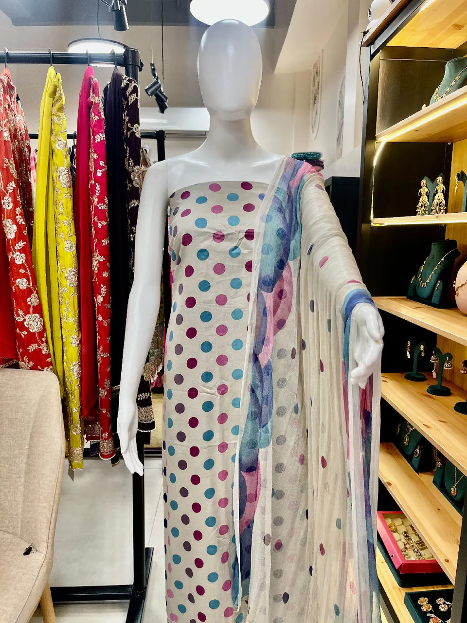 Off-White Cotton Printed Dress Material (D459)