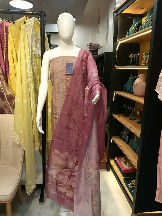 Brown Embroidered and Printed Unstitched Dress Material (D0067)