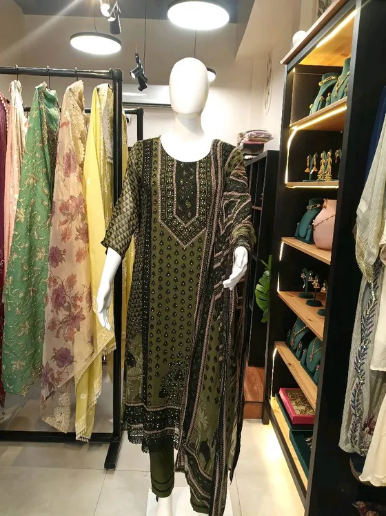 Olive Green Printed Straight Suit (R252)
