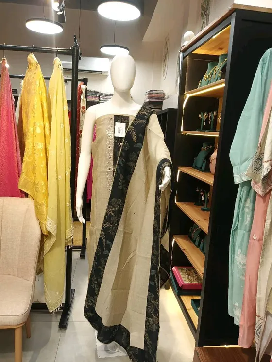 Beige and Black Cotton Embroidered Dress Material (D0310)