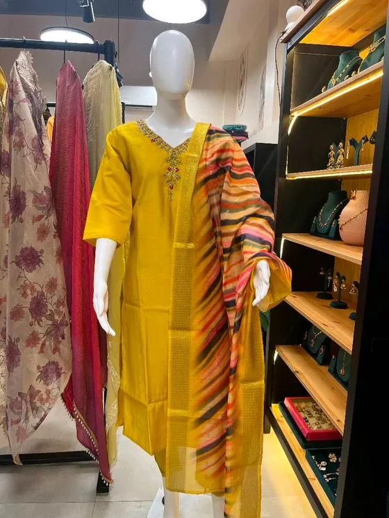 Yellow Embroidered Straight Suit (R217)