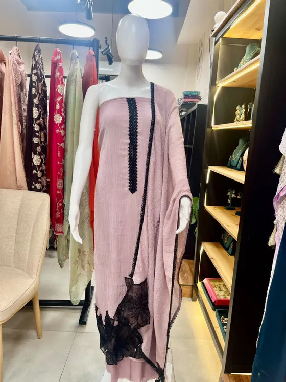 Pink Black Lace Unstitched Dress Material (D451)