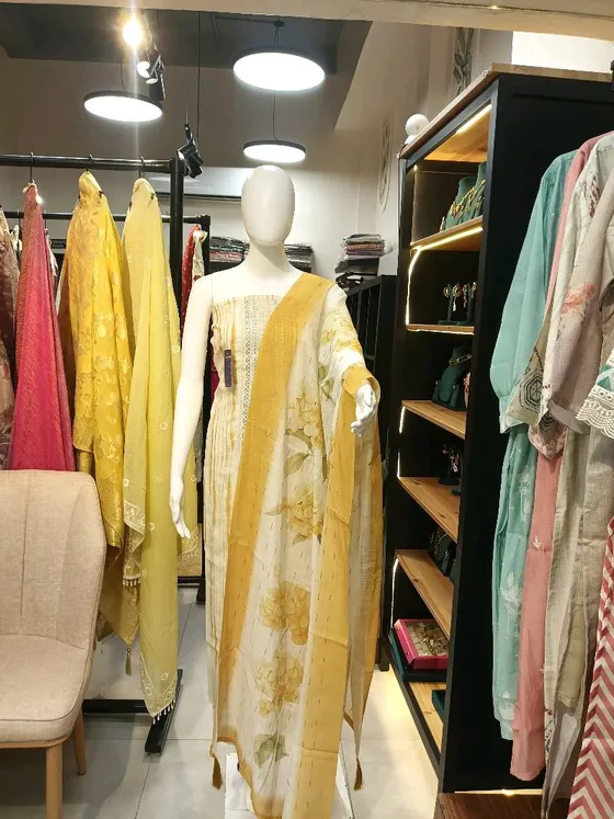 Off-White and Yellow Cotton Printed Unstitched Dress Material (D0245)