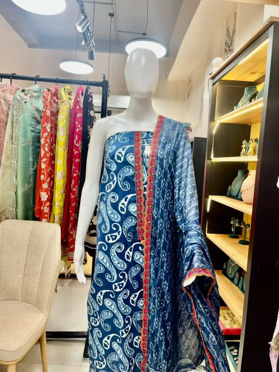 Navy Blue Printed Dress Material (D468)