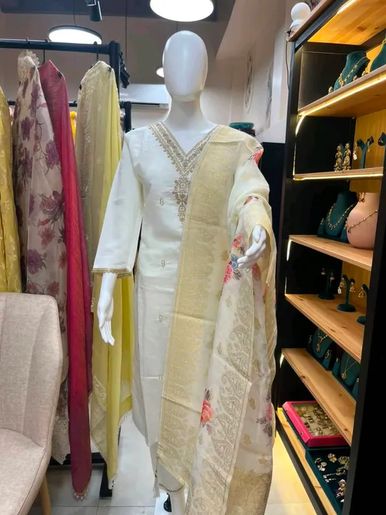 Off-White Embroidered Straight Suit (R217)