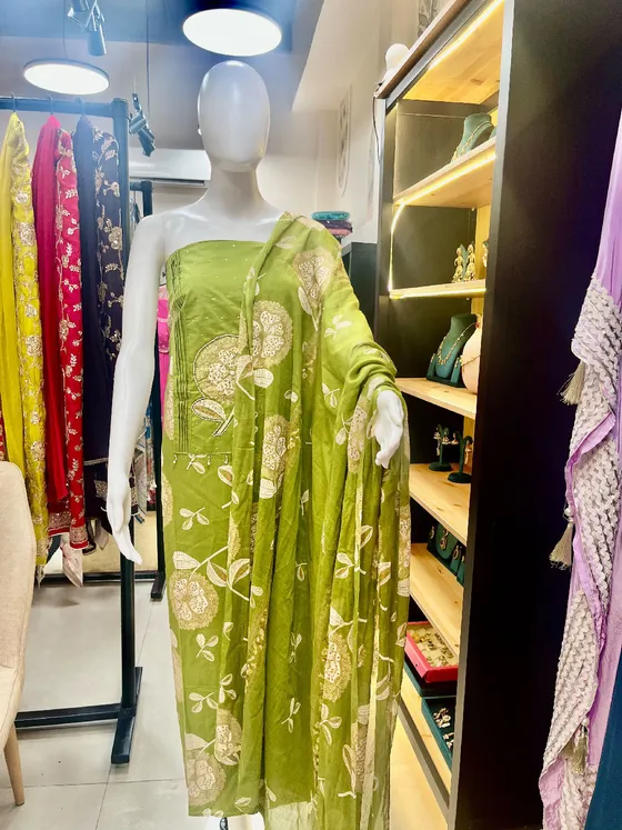 Green Embroidered Unstitched Dress Material (D455)