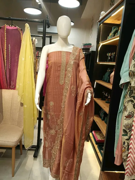 Rust Silk Embroidered Unstitched Dress Material (D393)