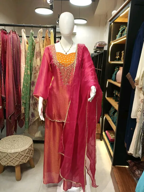 Pink Organza Embroidered Palazzo Suit (R236)