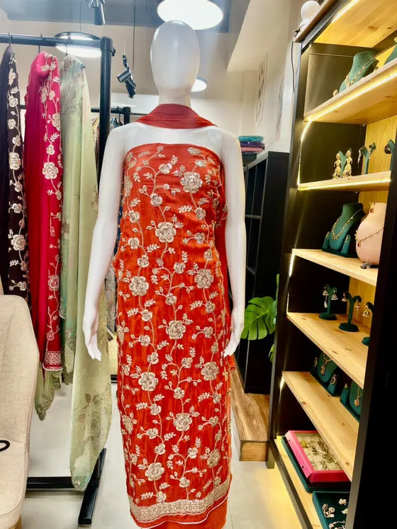 Rust Orange Embroidered Unstitched Dress Material (D457)
