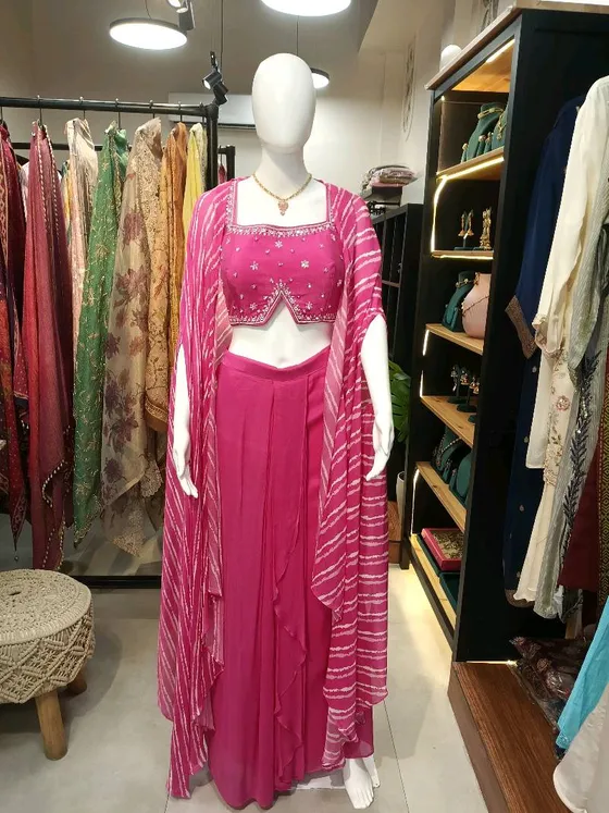Fuchsia Pink Georgette Embroidered Palazzo Suit (R243)
