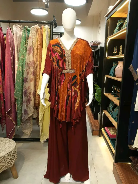 Maroon Orange Printed Embellished Kaftan Set (R168)