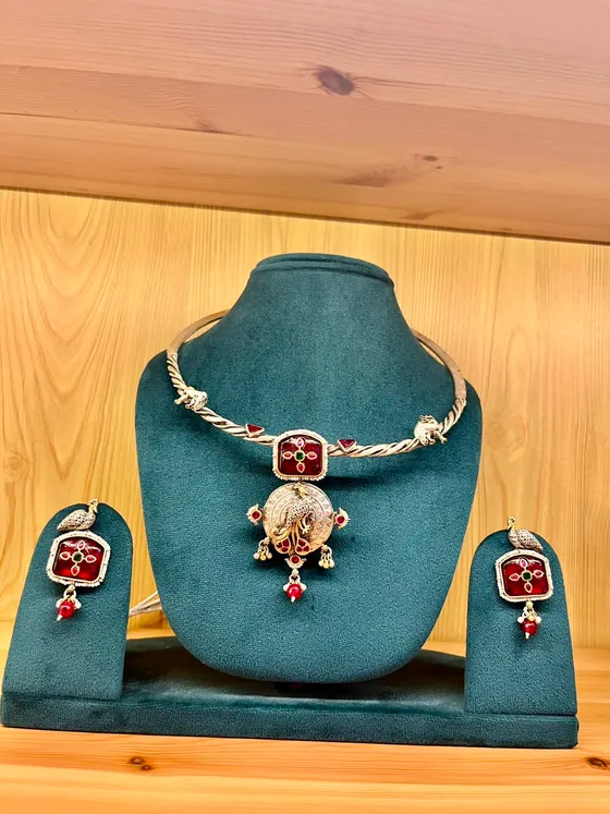 Red Meenakari Peacock Necklace & Earring Set