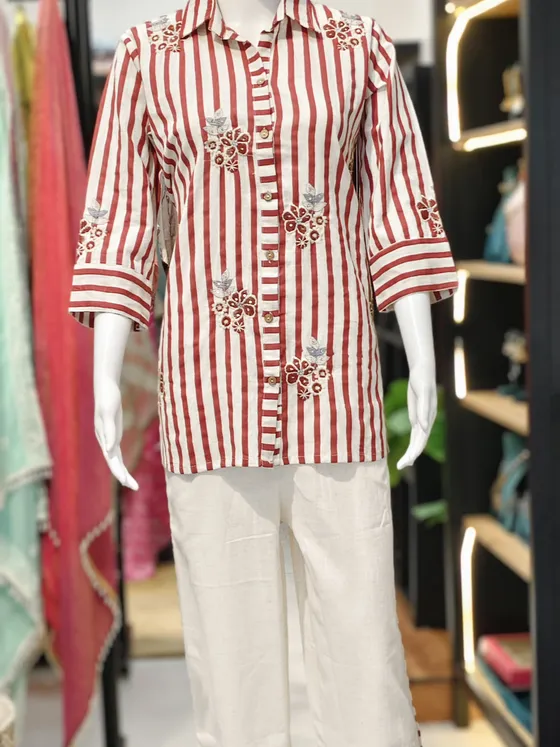 Red and White Cotton Embroidered Shirt (R277)