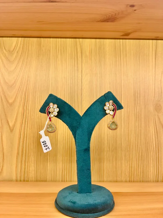 Gold Toned Polki Green Stone Drop Earrings
