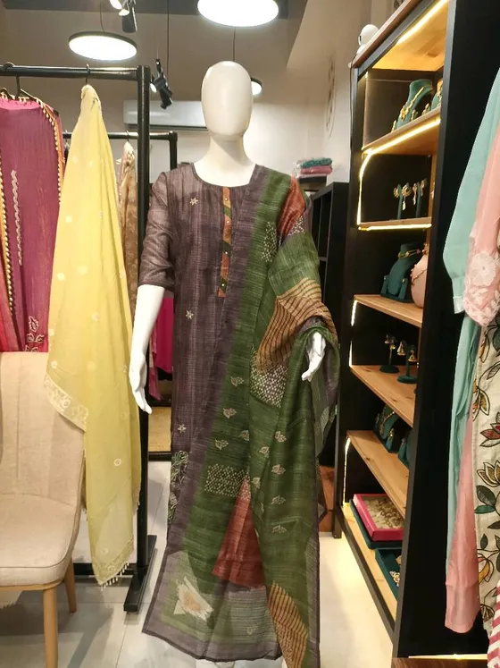 Dark Brown and Green Silk Printed and Embroidered Unstitched Dress Material (D0035)