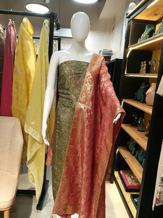 Dark Green and Pink Silk Zari Work Dress Material (D0101)