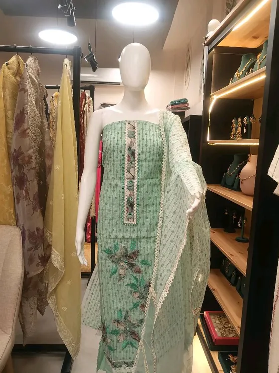 Mint Green Cotton Embroidered Dress Material (D0317)
