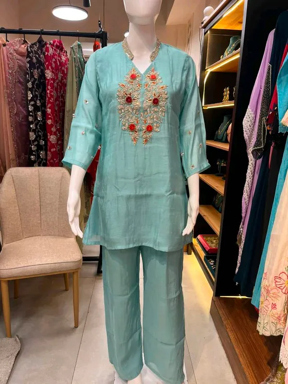 Aqua Blue Embroidered Palazzo Suit (R351)