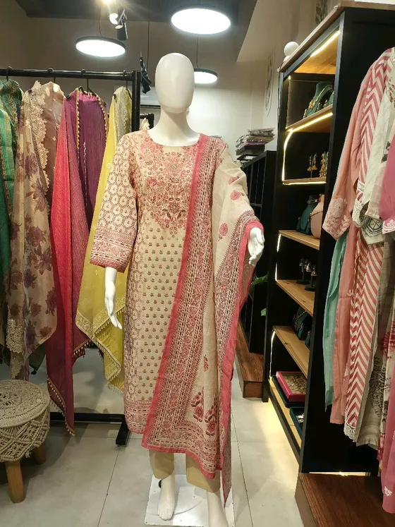 Beige and Pink Cotton Printed and Embroidered Straight Suit (R305)