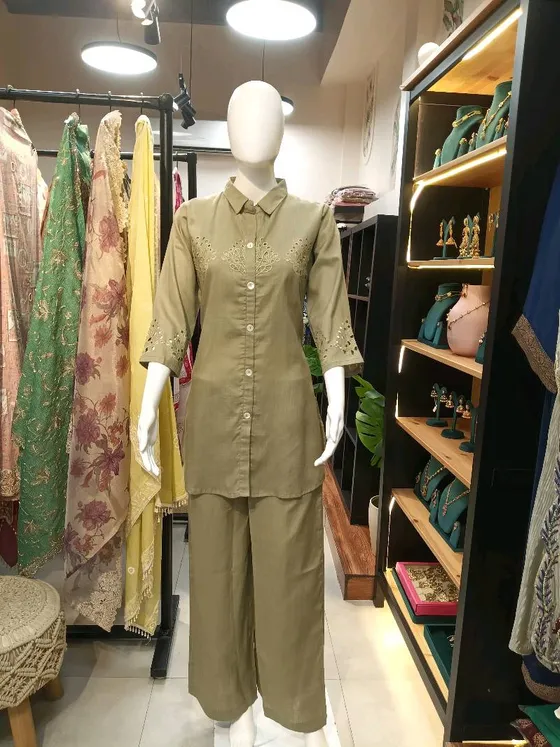 Olive Green Embroidered Kurta Set (R172)