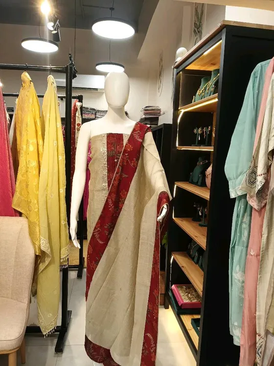 Beige and Red Silk Woven Unstitched Dress Material (D0310)