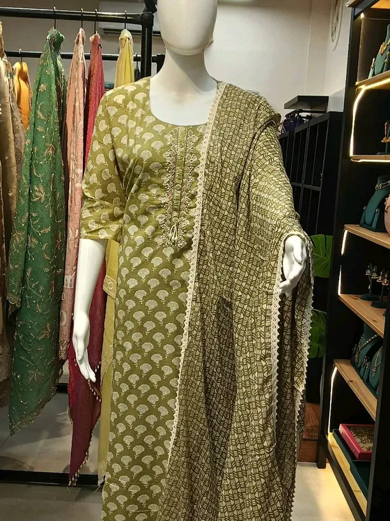 Olive Green Cotton Printed Kurta Set (D419)
