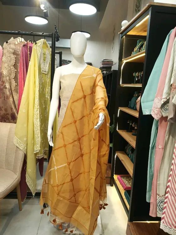 Beige and Orange Organza Patterned Unstitched Dress Material (DM)