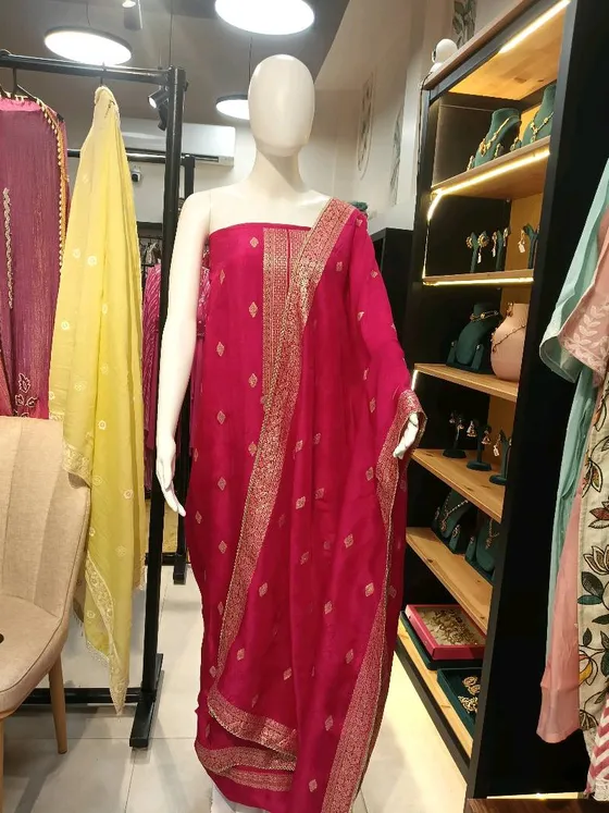 Magenta Silk Zari Work Dress Material (D0337)
