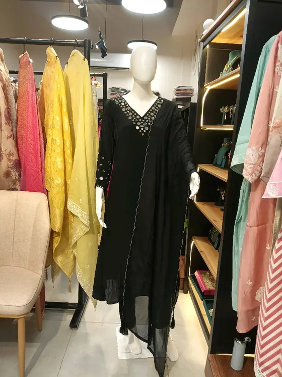 Black Velvet Mirror Work Straight Suit (R307)