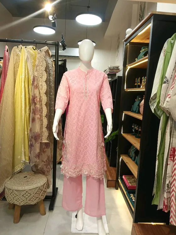 Pink Cotton Embroidered Palazzo Suit (R301)