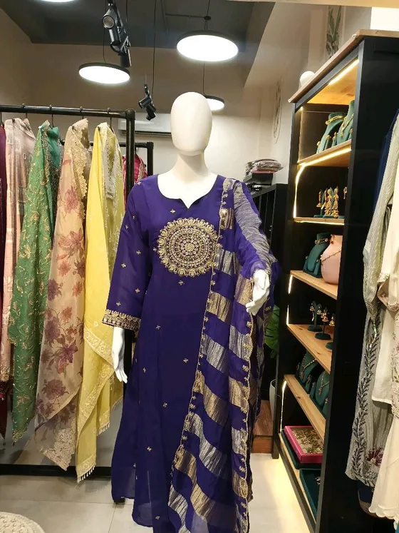 Purple Georgette Embroidered Straight Suit (R245)