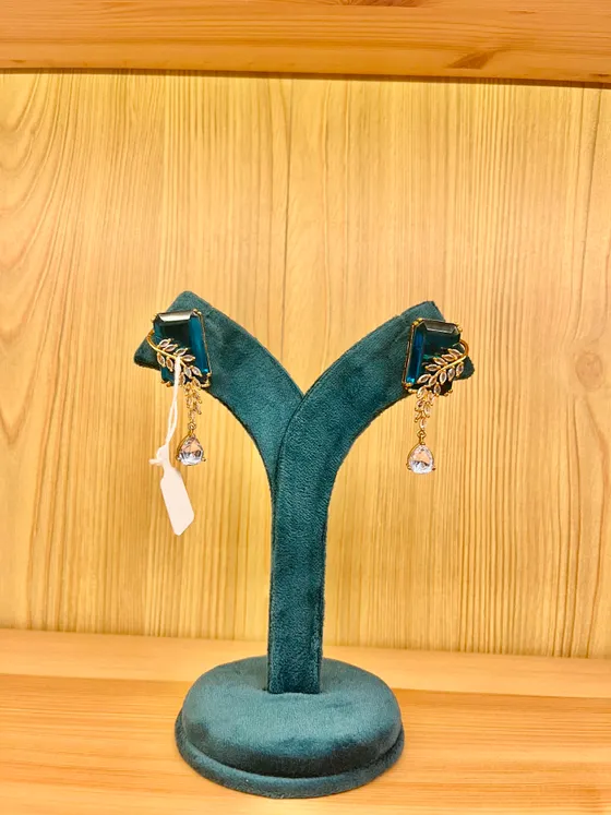 Teal Stone Gold Toned Drop Earrings